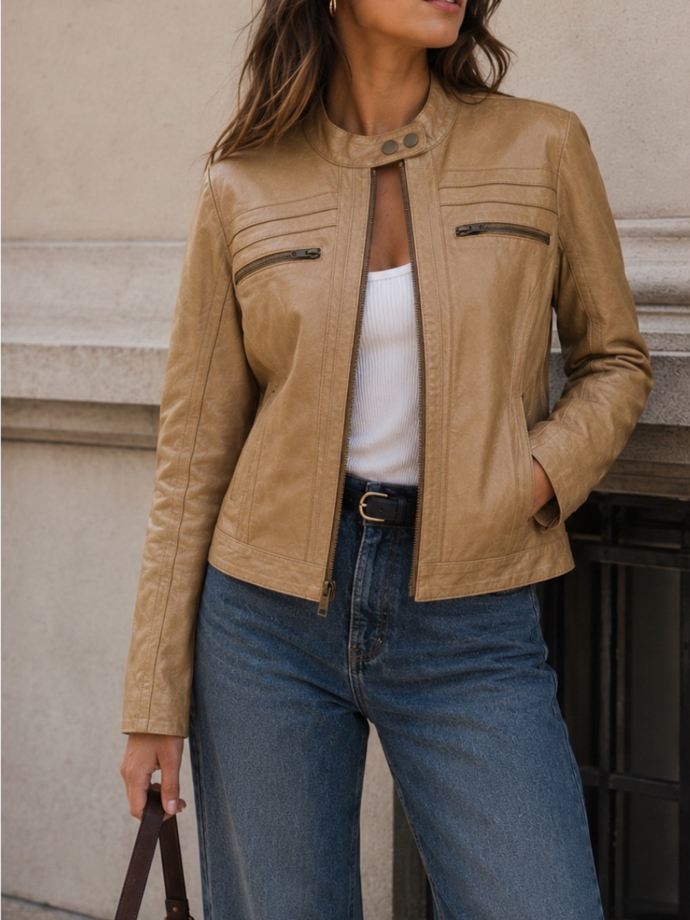 Vintage Genuine Leather Moto Jacket Tan Fitted Y2K Cafe Racer Size: M
